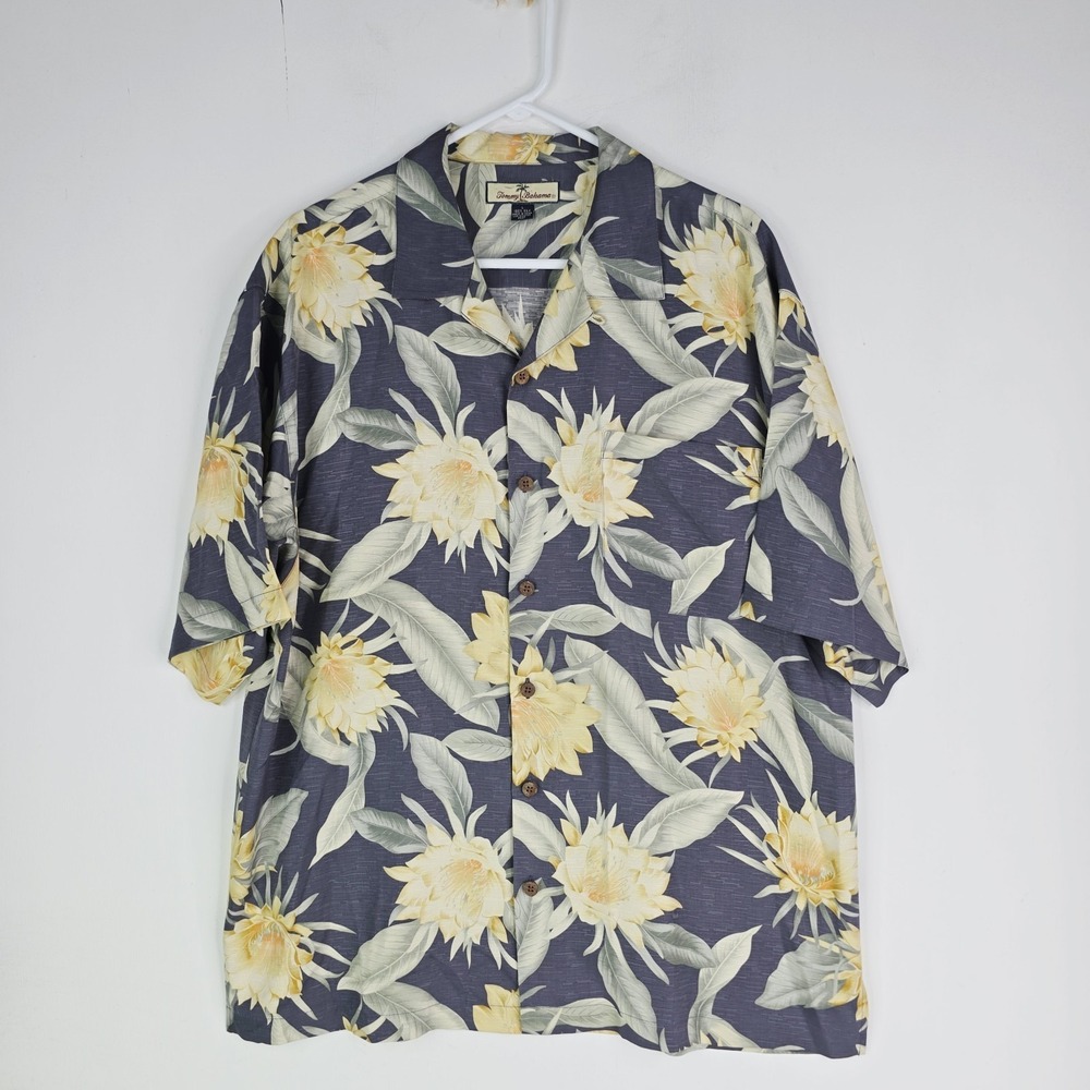 Tommy Bahama Men's Large 100% Silk Floral Hibiscus Camp Shirt Blue Yellow Green - Picture 2 of 8